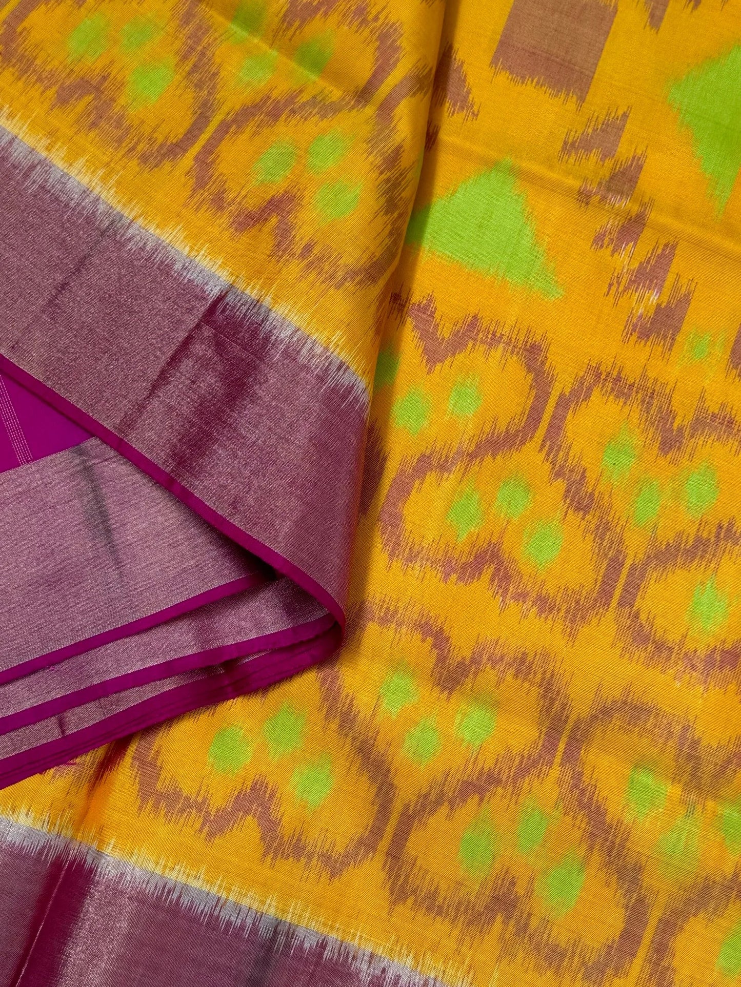 Handloom Ikkat PURE SOFT SILK SAREE WITH Pochampali BORDERS – Yellow and Pink