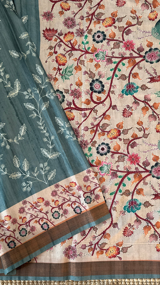 HANDLOOM SOFT RAW SILK KALAMKARI EMBROIDERED SAREE – GREY