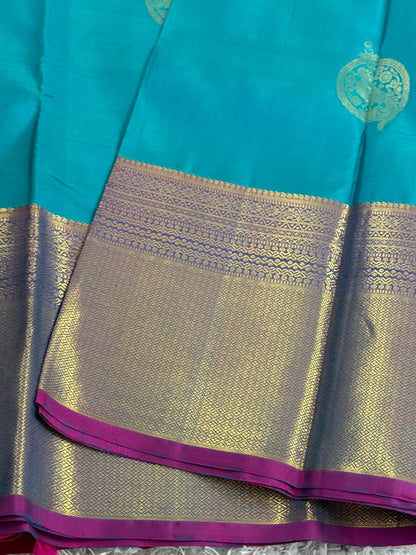 KANJIVARAM PURE SILK SAREE in Rama Blue and contrast Pink border