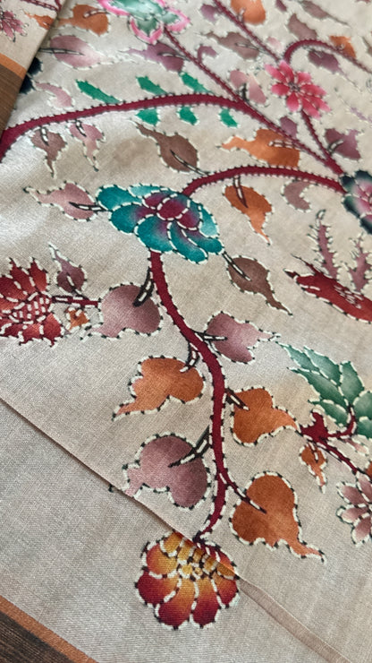 HANDLOOM SOFT RAW SILK KALAMKARI EMBROIDERED SAREE – GREY