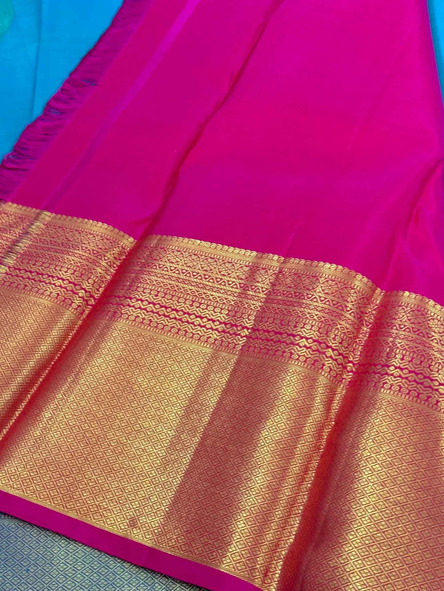 KANJIVARAM PURE SILK SAREE in Rama Blue and contrast Pink border