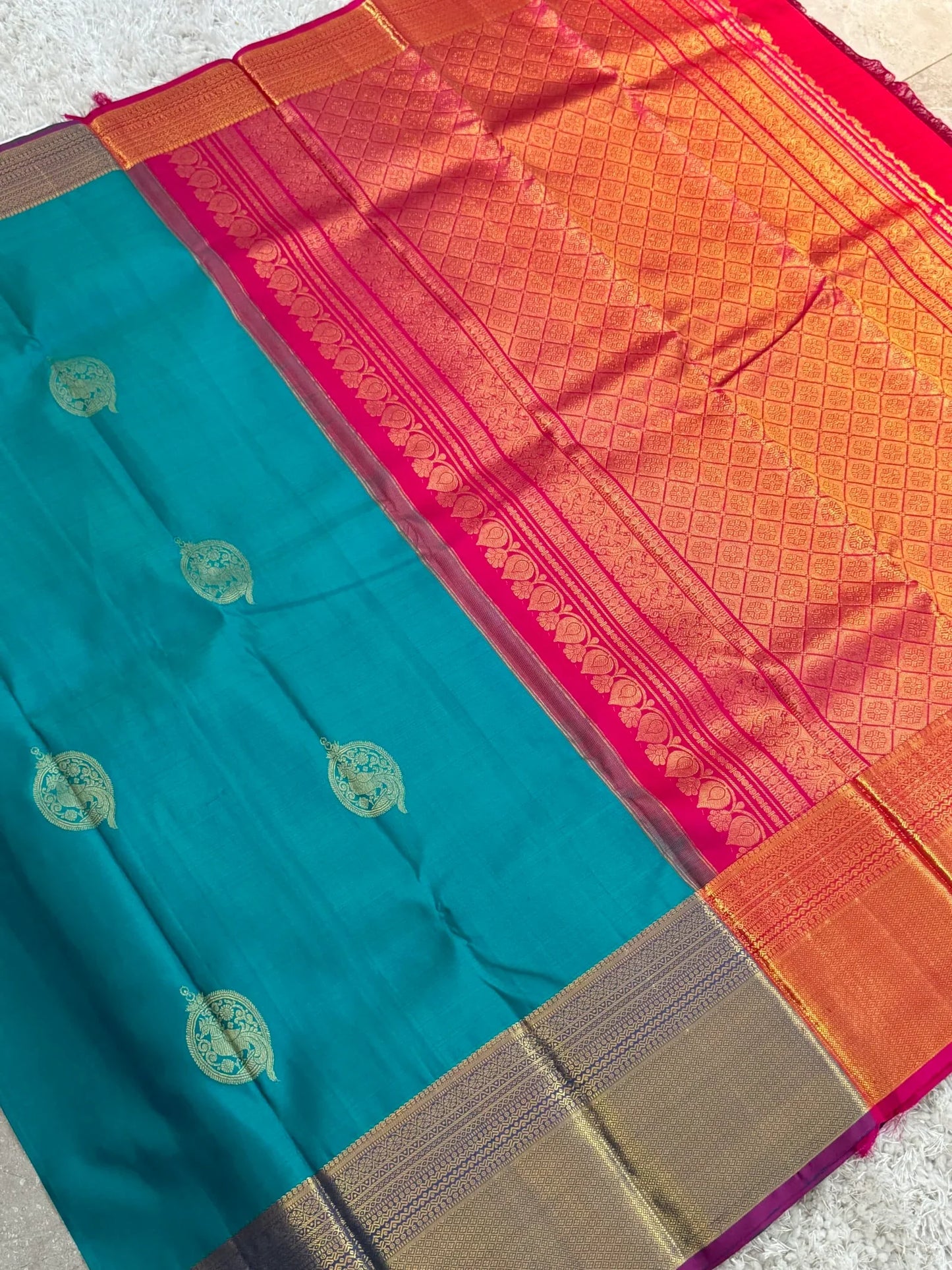 KANJIVARAM PURE SILK SAREE in Rama Blue and contrast Pink border