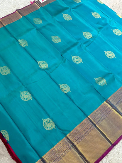KANJIVARAM PURE SILK SAREE in Rama Blue and contrast Pink border