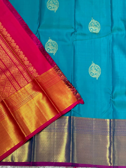 KANJIVARAM PURE SILK SAREE in Rama Blue and contrast Pink border