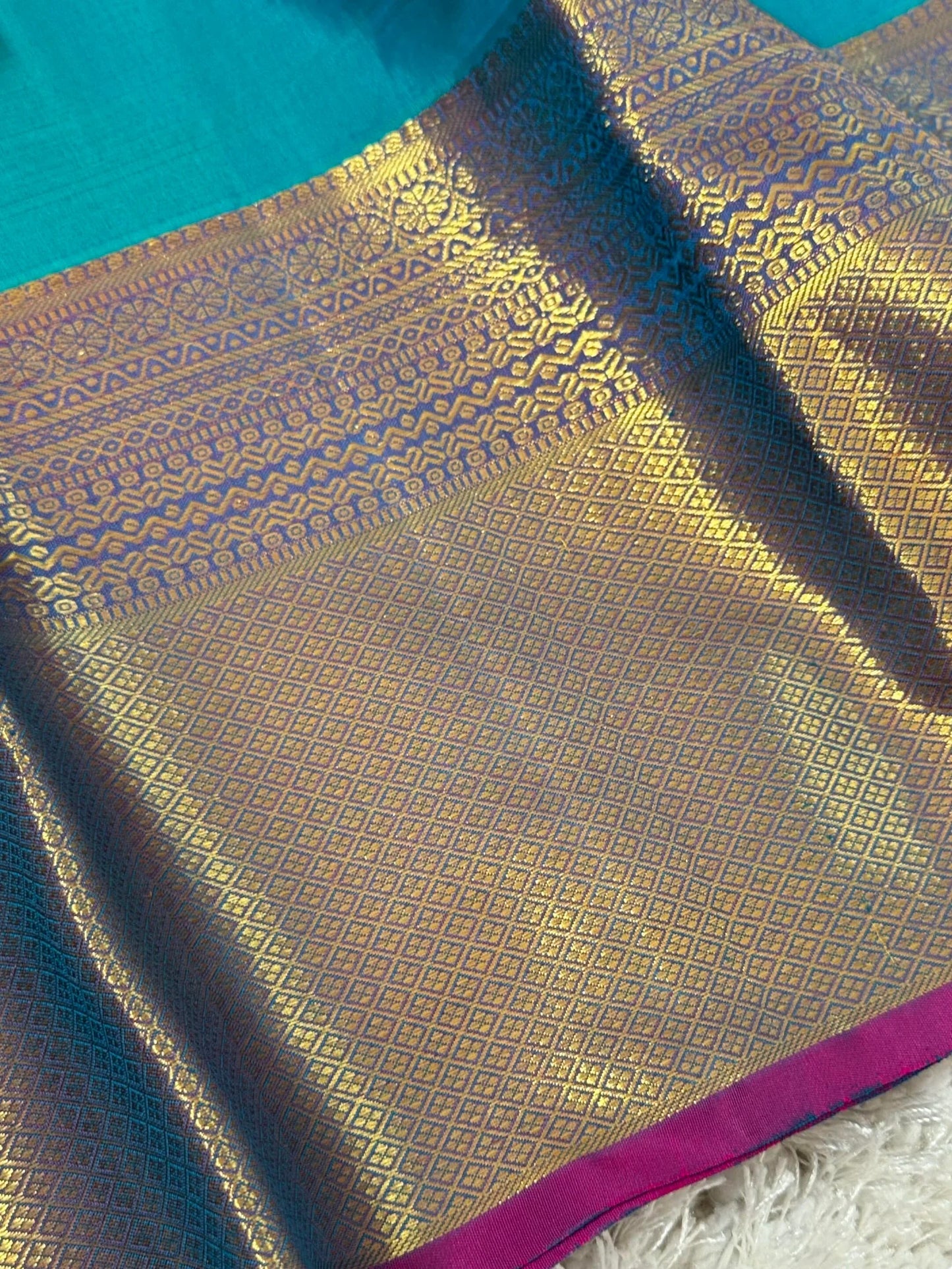 KANJIVARAM PURE SILK SAREE in Rama Blue and contrast Pink border