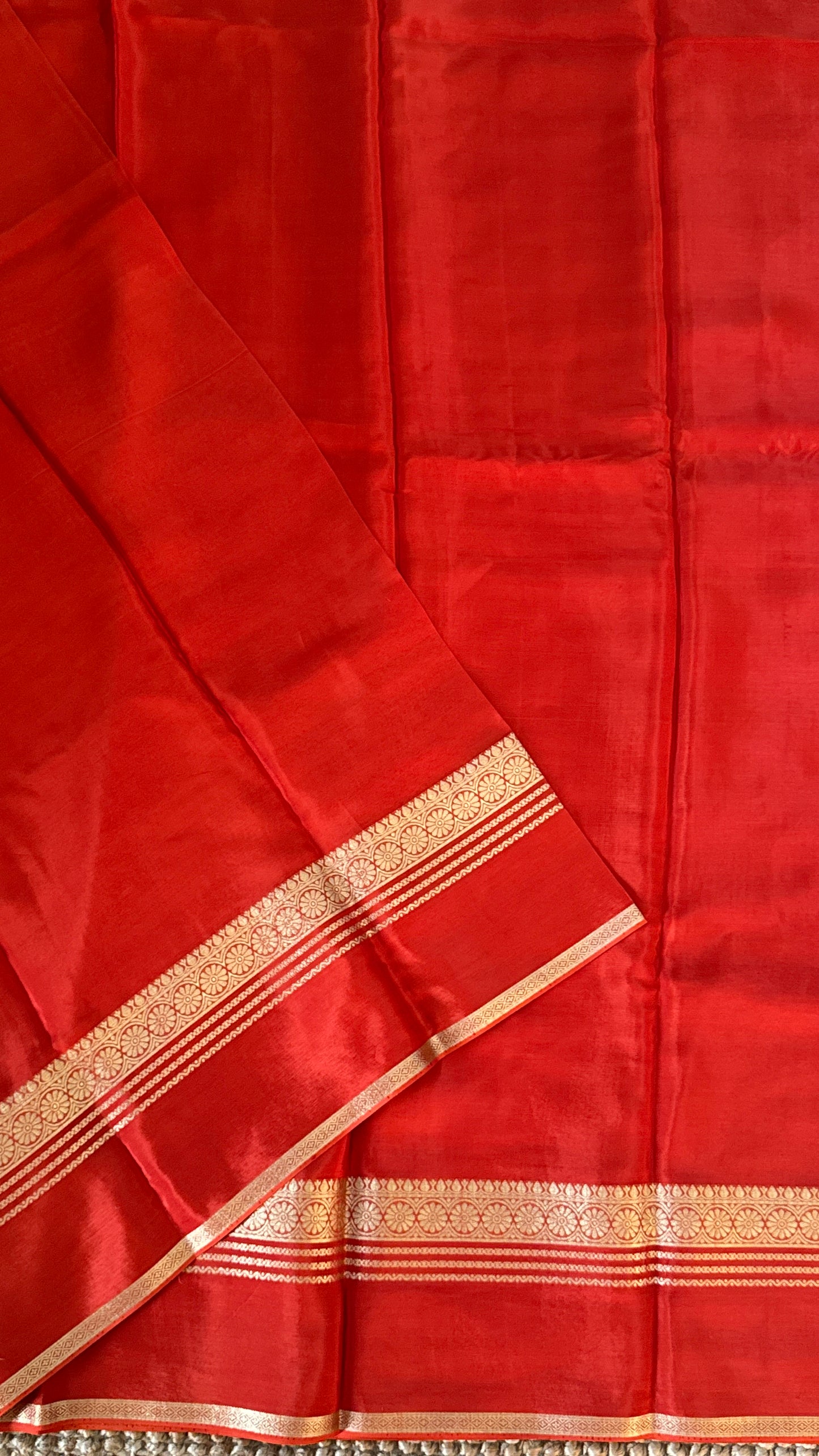PURE CREPE SILK SAREE – RUST WITH MYSORE SILK DOUBLE BORDER