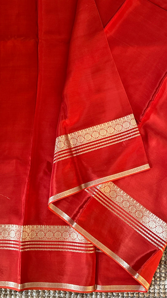 PURE CREPE SILK SAREE – RUST WITH MYSORE SILK DOUBLE BORDER