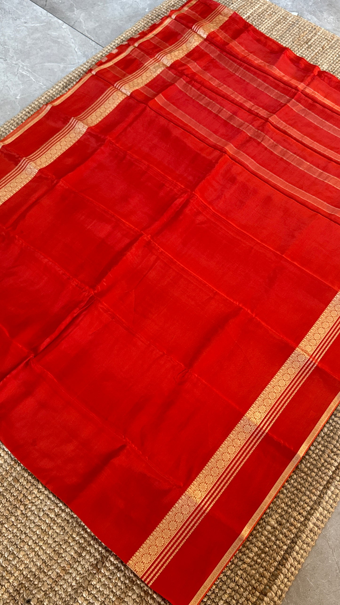PURE CREPE SILK SAREE – RUST WITH MYSORE SILK DOUBLE BORDER