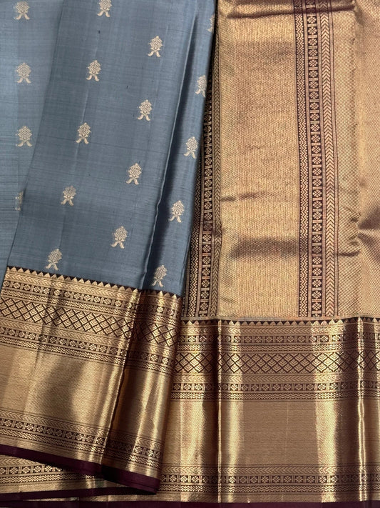 KANJIVARAM PURE SILK SAREE in Grey and contrast COFFEE Brown border