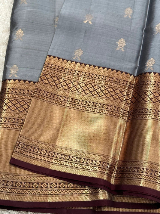 KANJIVARAM PURE SILK SAREE in Grey and contrast COFFEE Brown border