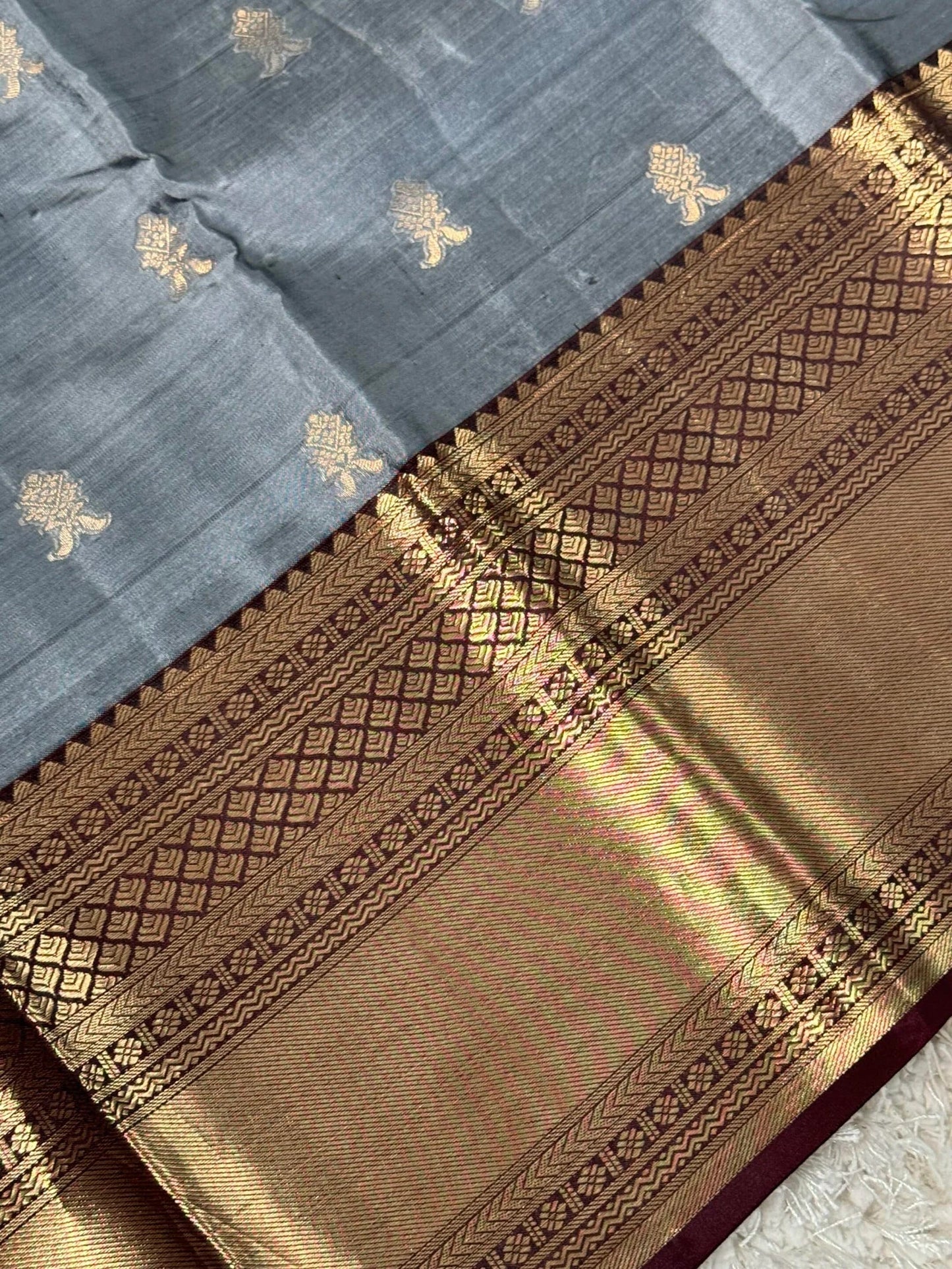 KANJIVARAM PURE SILK SAREE in Grey and contrast COFFEE Brown border