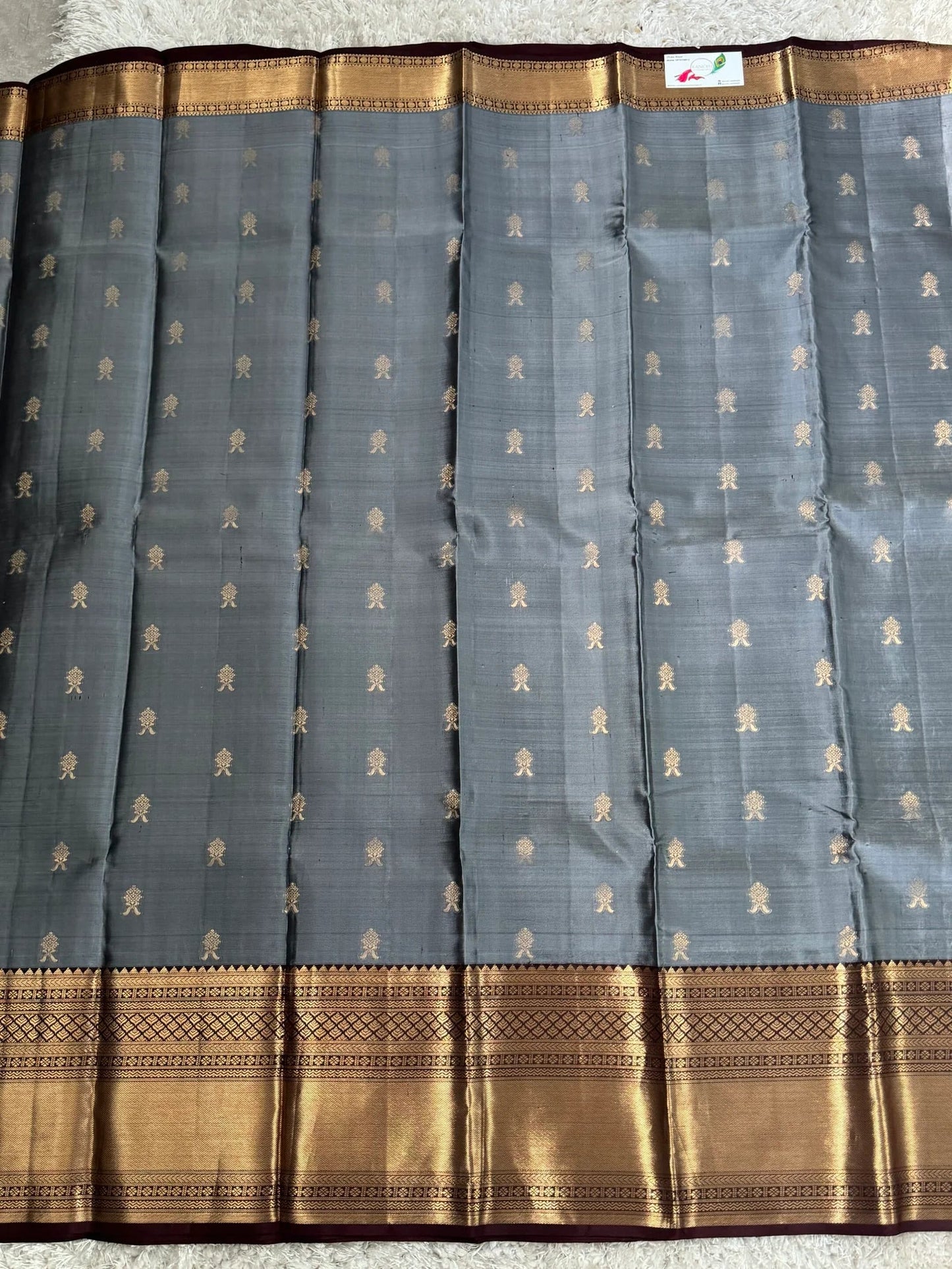 KANJIVARAM PURE SILK SAREE in Grey and contrast COFFEE Brown border