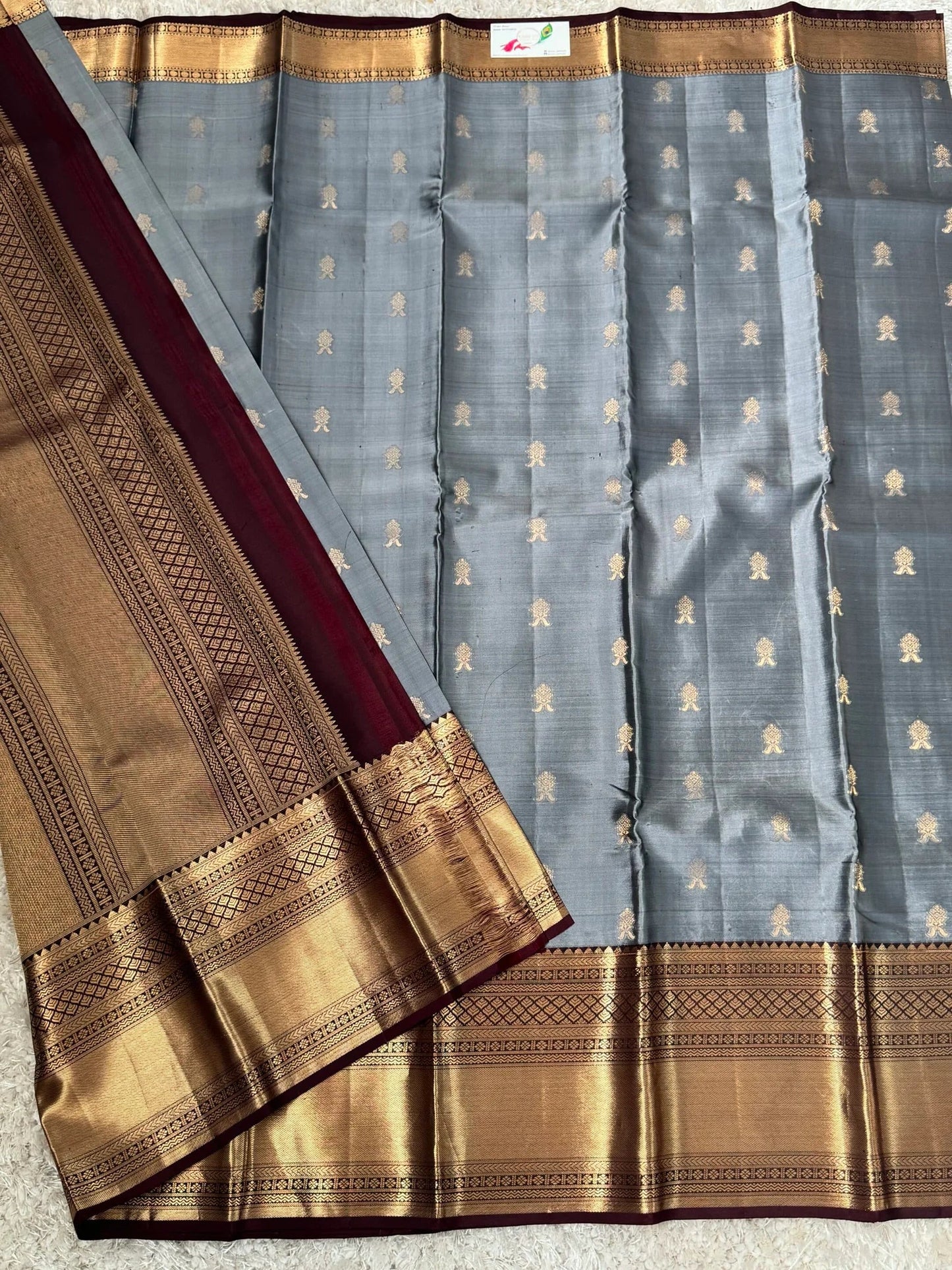 KANJIVARAM PURE SILK SAREE in Grey and contrast COFFEE Brown border