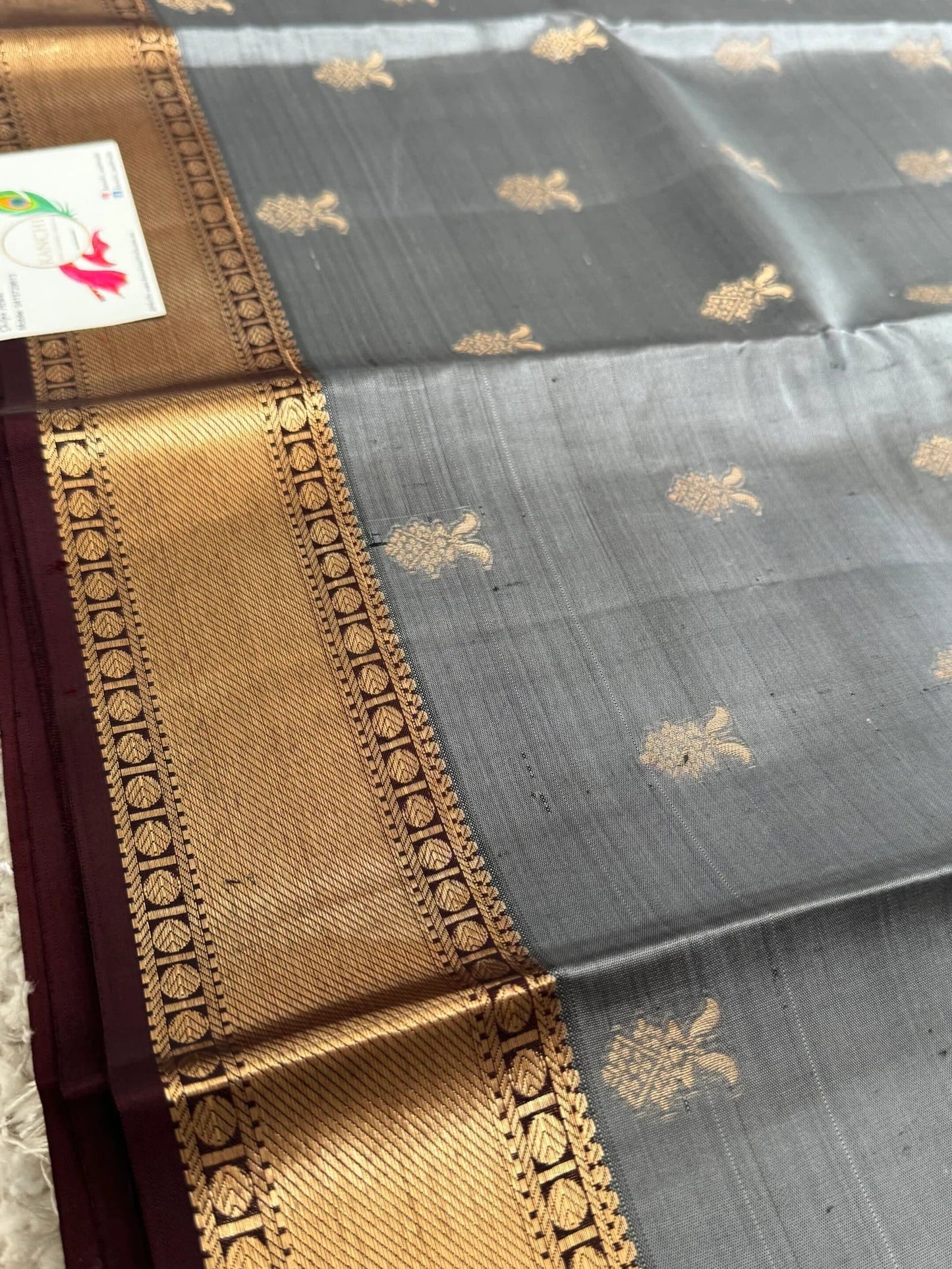 KANJIVARAM PURE SILK SAREE in Grey and contrast COFFEE Brown border