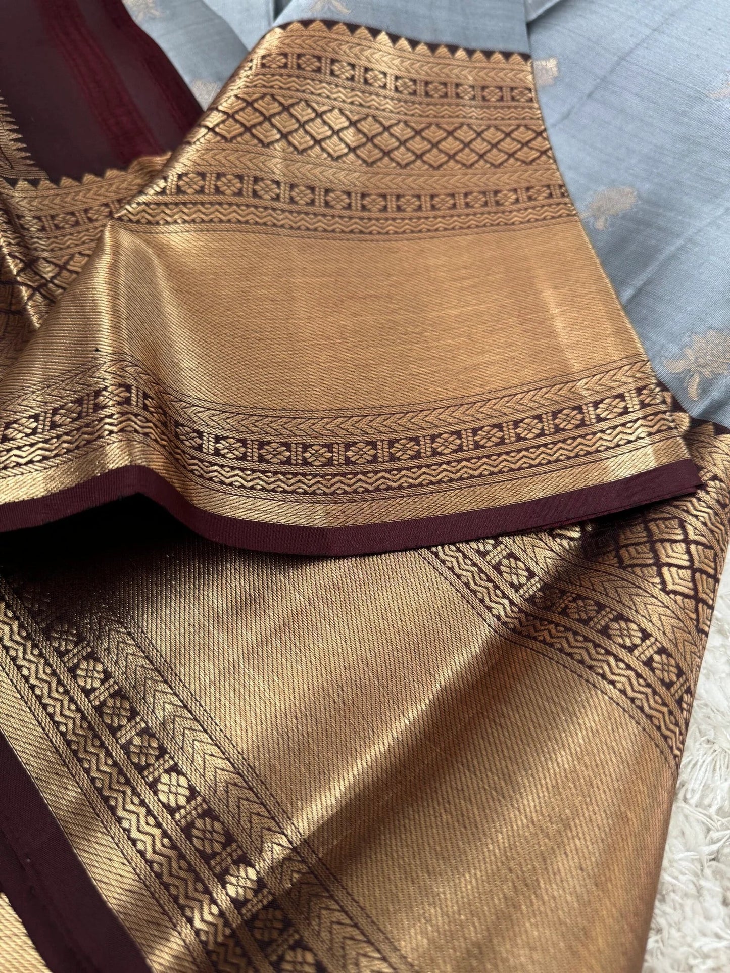 KANJIVARAM PURE SILK SAREE in Grey and contrast COFFEE Brown border