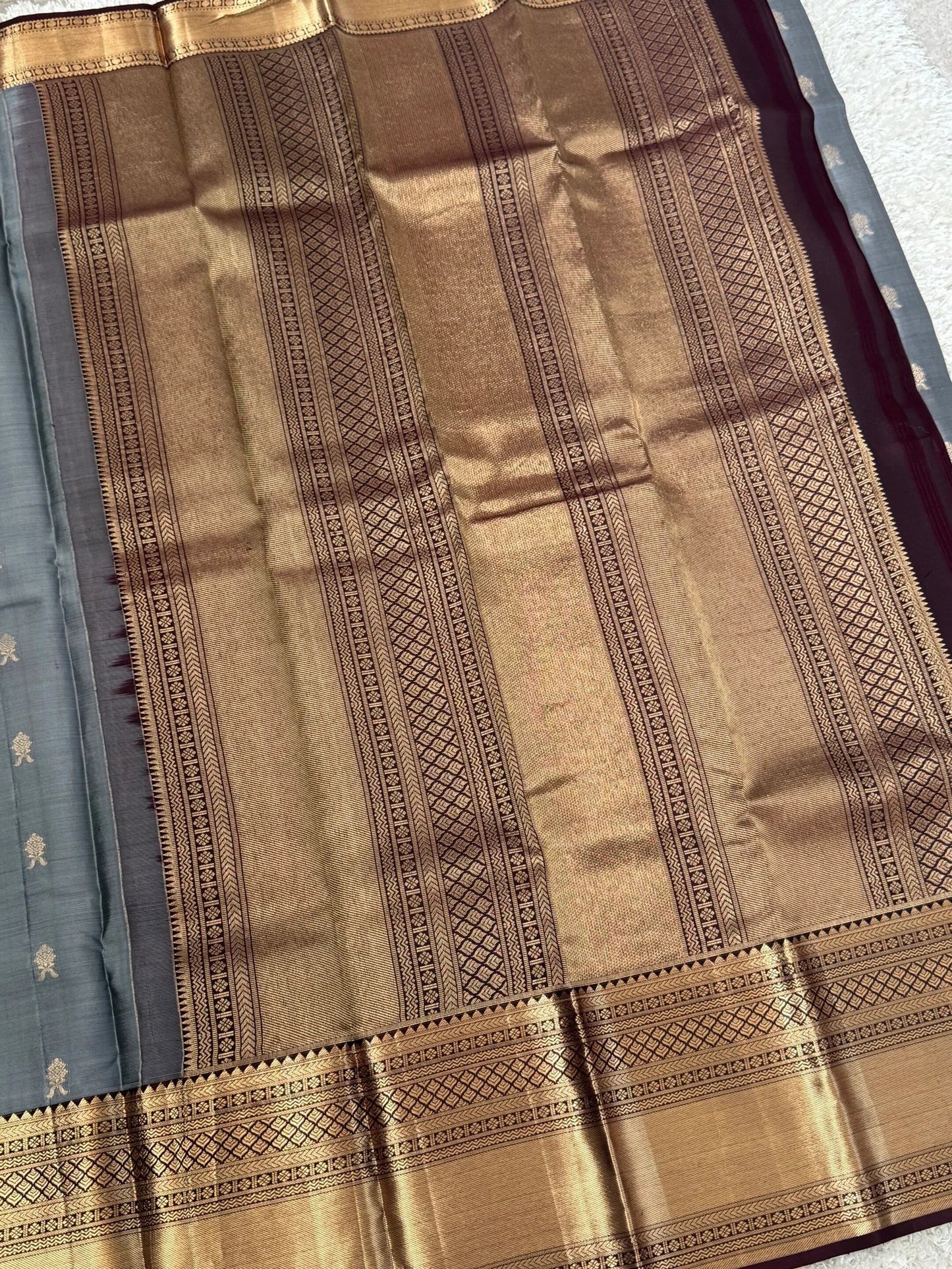 KANJIVARAM PURE SILK SAREE in Grey and contrast COFFEE Brown border