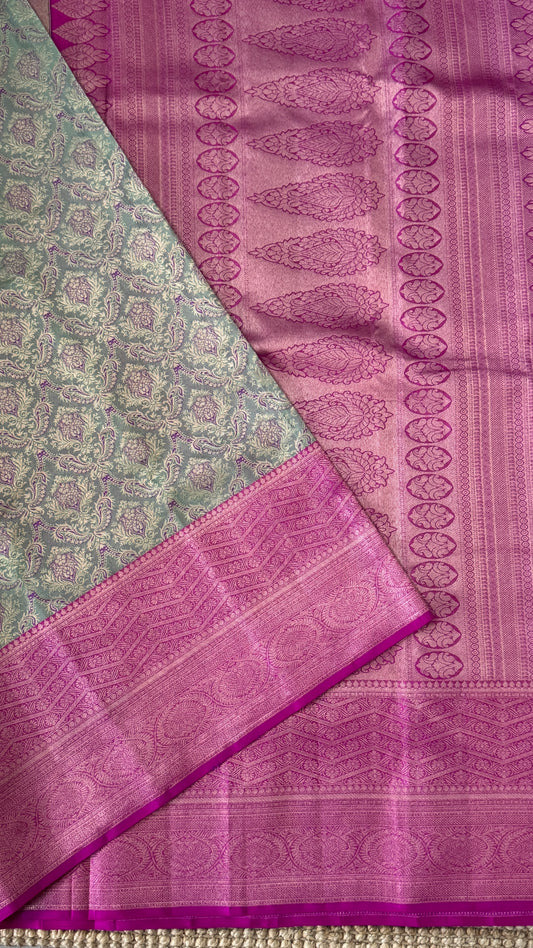 PURE TISSUE KANJIVARAM SILK HANDLOOM SAREE – BLUISH GREY WITH PINK - GOLD BORDER