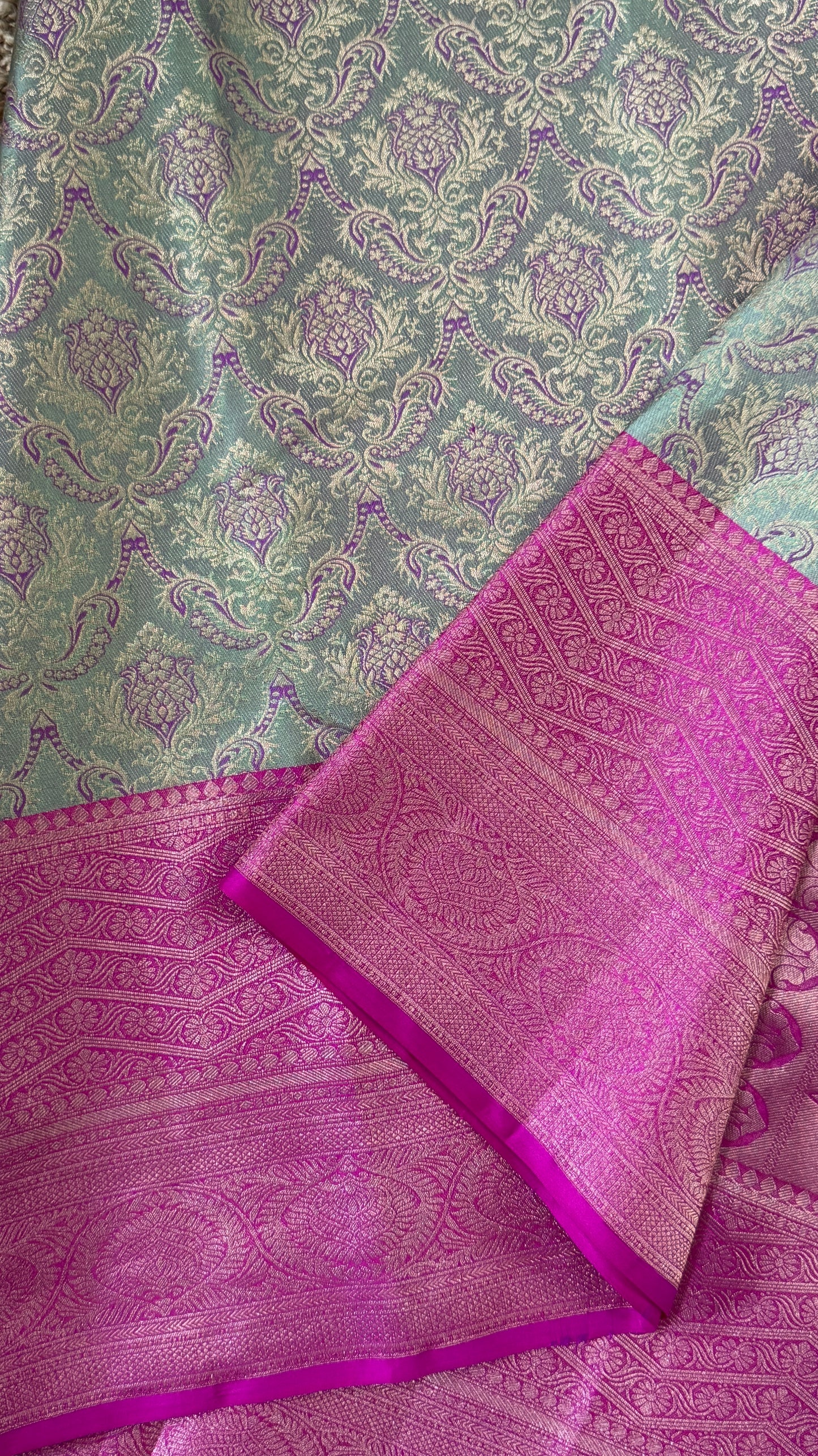 PURE TISSUE KANJIVARAM SILK HANDLOOM SAREE – BLUISH GREY WITH PINK - GOLD BORDER