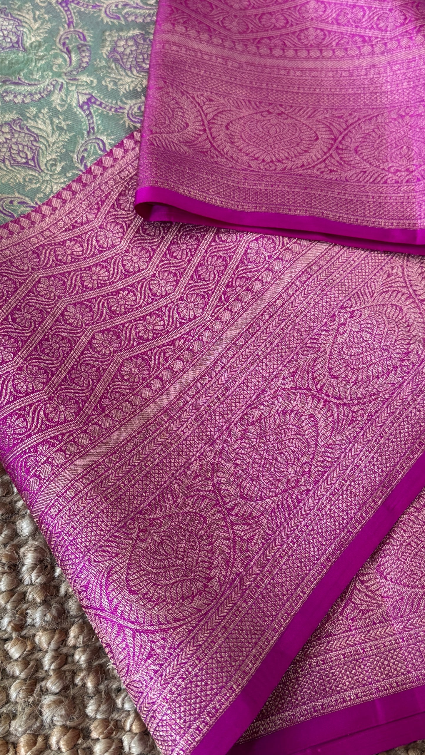 PURE TISSUE KANJIVARAM SILK HANDLOOM SAREE – BLUISH GREY WITH PINK - GOLD BORDER