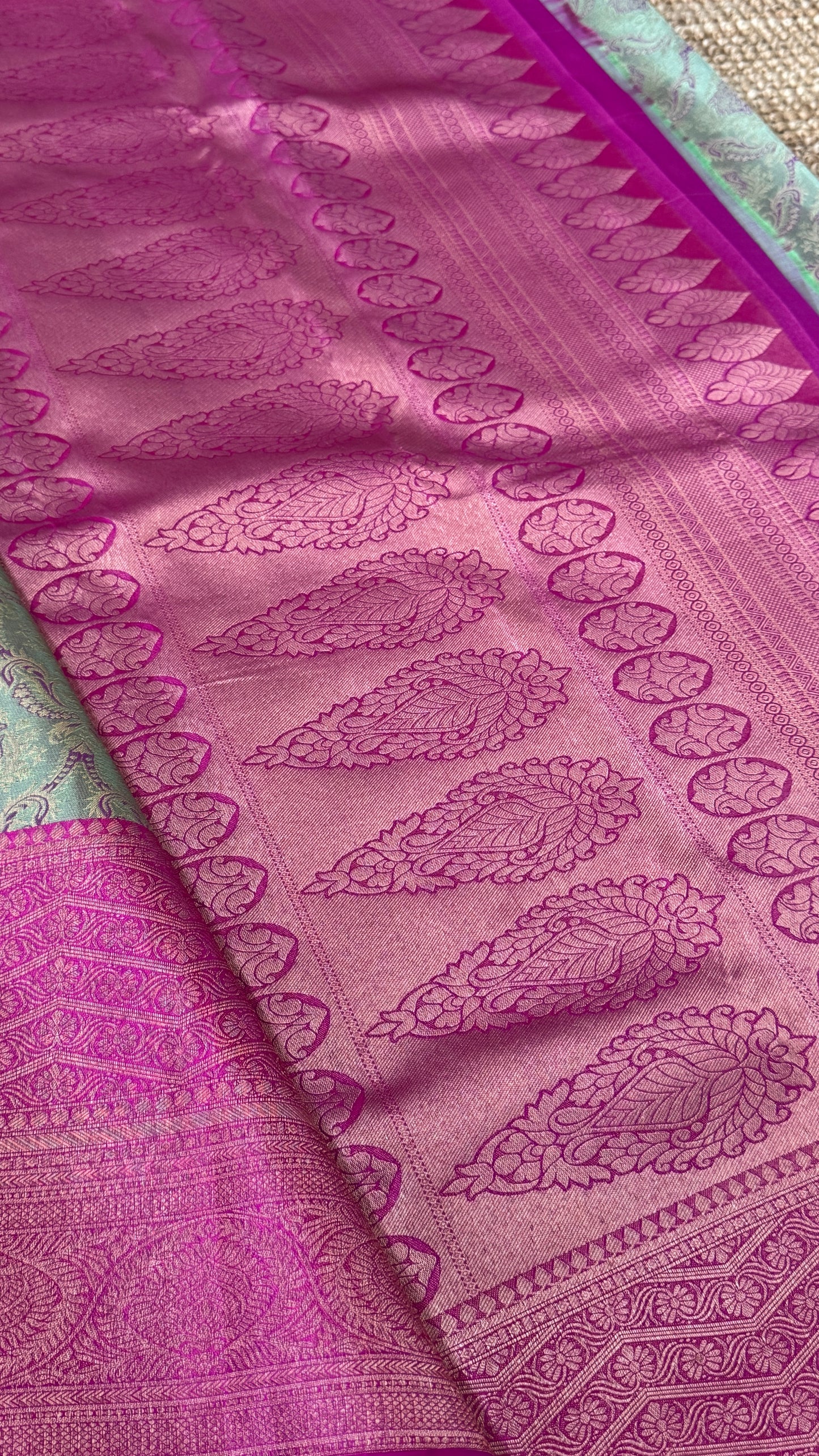 PURE TISSUE KANJIVARAM SILK HANDLOOM SAREE – BLUISH GREY WITH PINK - GOLD BORDER