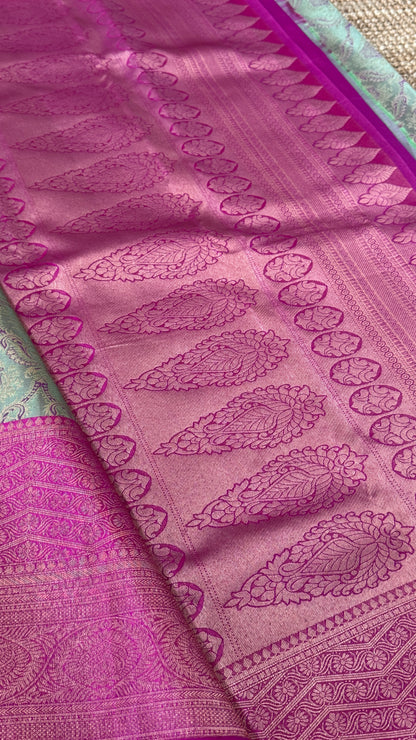 PURE TISSUE KANJIVARAM SILK HANDLOOM SAREE – BLUISH GREY WITH PINK - GOLD BORDER