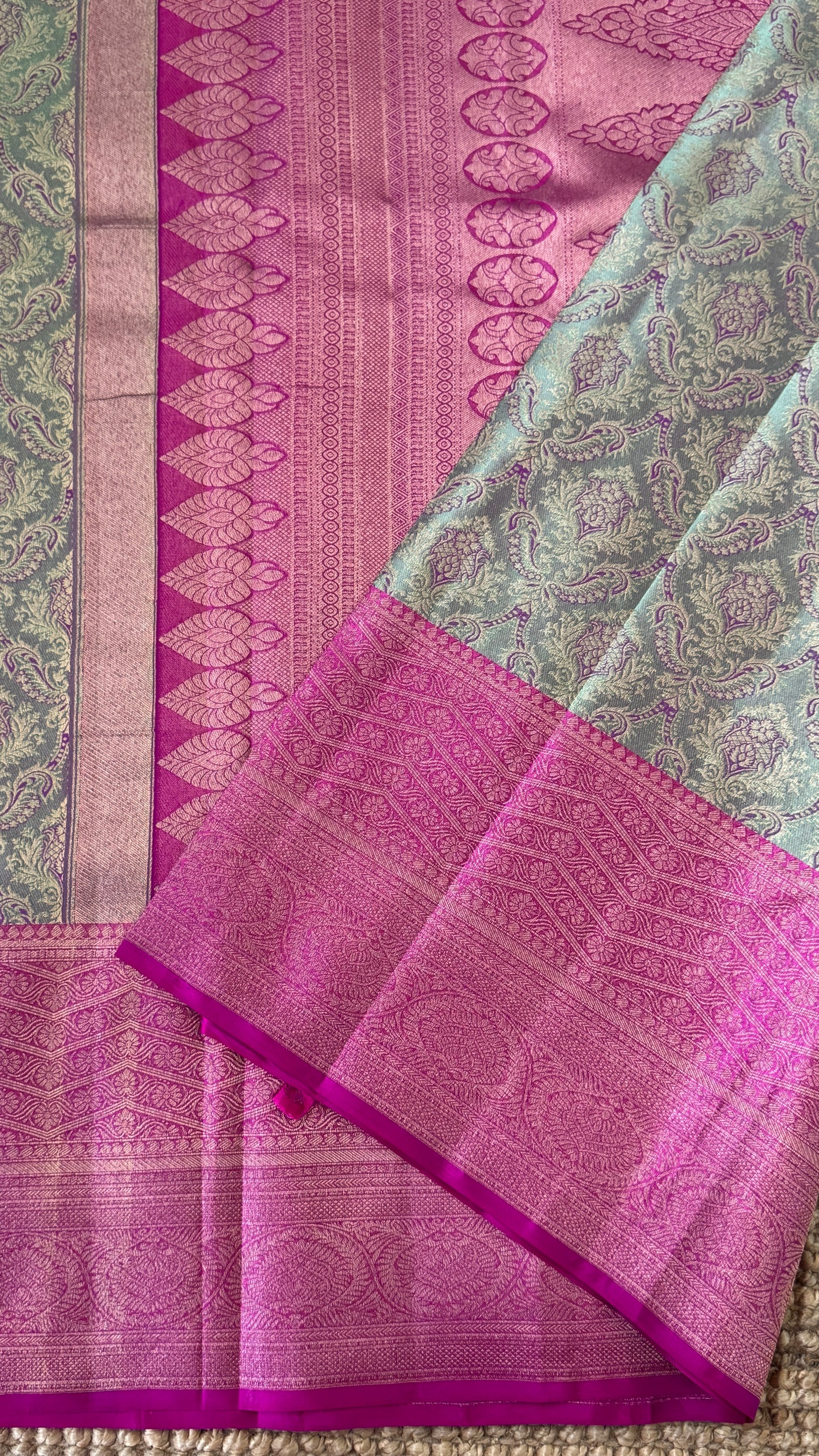 PURE TISSUE KANJIVARAM SILK HANDLOOM SAREE – BLUISH GREY WITH PINK - GOLD BORDER