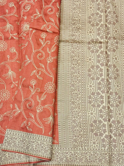 Handloom Semi – Tussar Raw silk embroidered saree – Peach