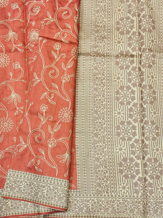 Handloom Semi – Tussar Raw silk embroidered saree – Peach
