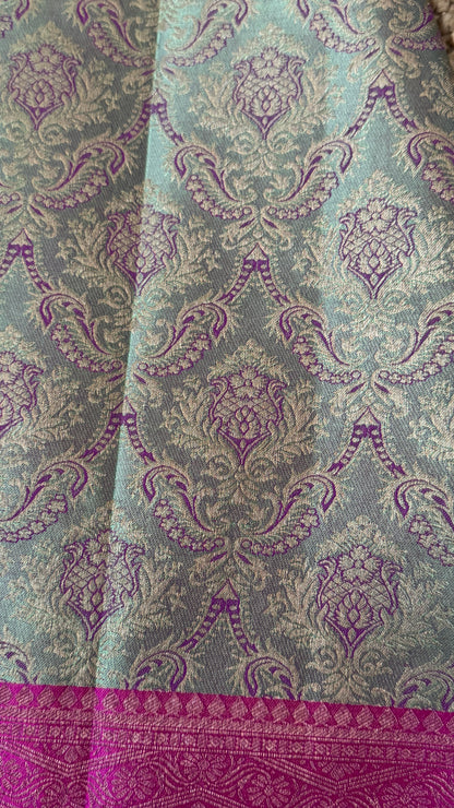 PURE TISSUE KANJIVARAM SILK HANDLOOM SAREE – BLUISH GREY WITH PINK - GOLD BORDER