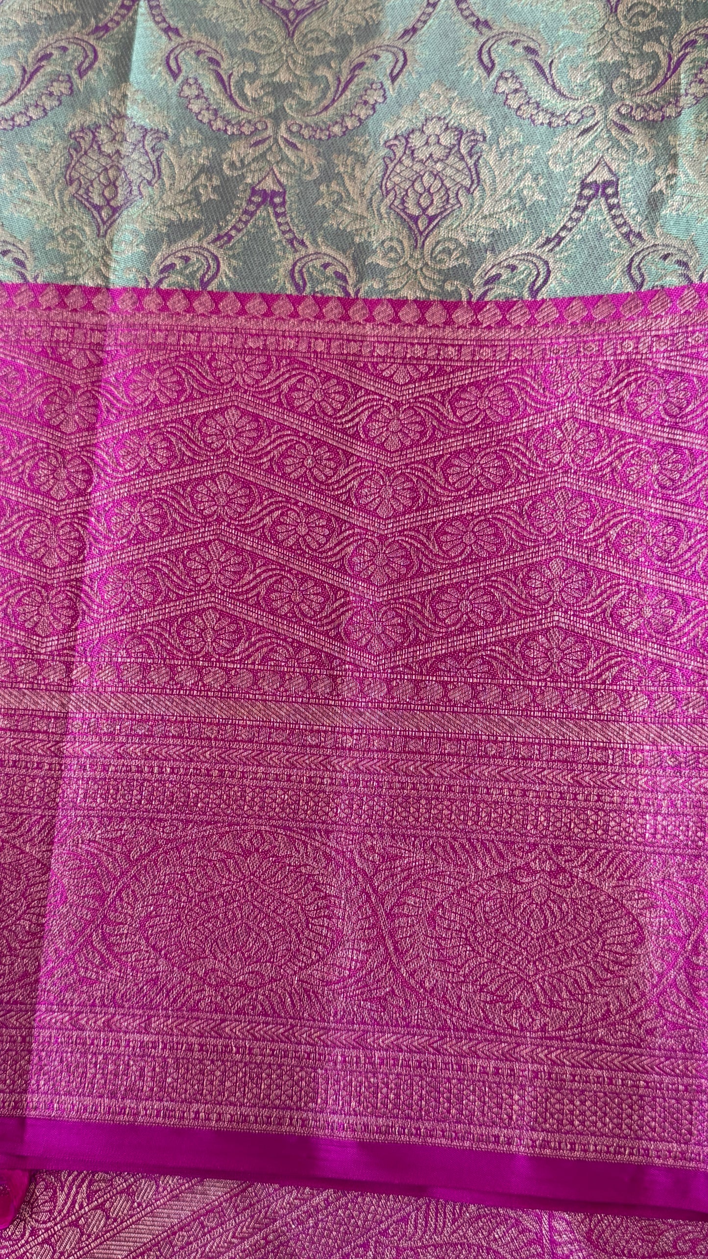PURE TISSUE KANJIVARAM SILK HANDLOOM SAREE – BLUISH GREY WITH PINK - GOLD BORDER