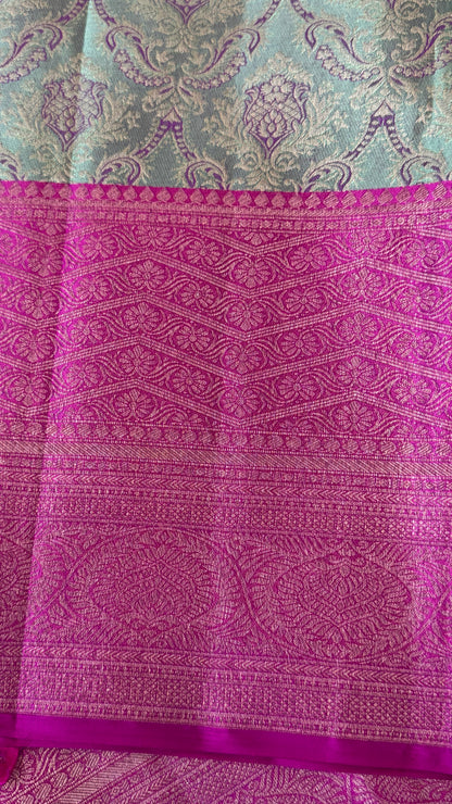 PURE TISSUE KANJIVARAM SILK HANDLOOM SAREE – BLUISH GREY WITH PINK - GOLD BORDER
