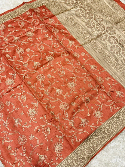 Handloom Semi – Tussar Raw silk embroidered saree – Peach