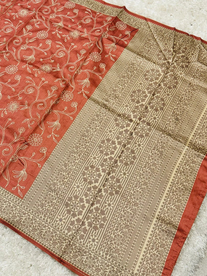 Handloom Semi – Tussar Raw silk embroidered saree – Peach