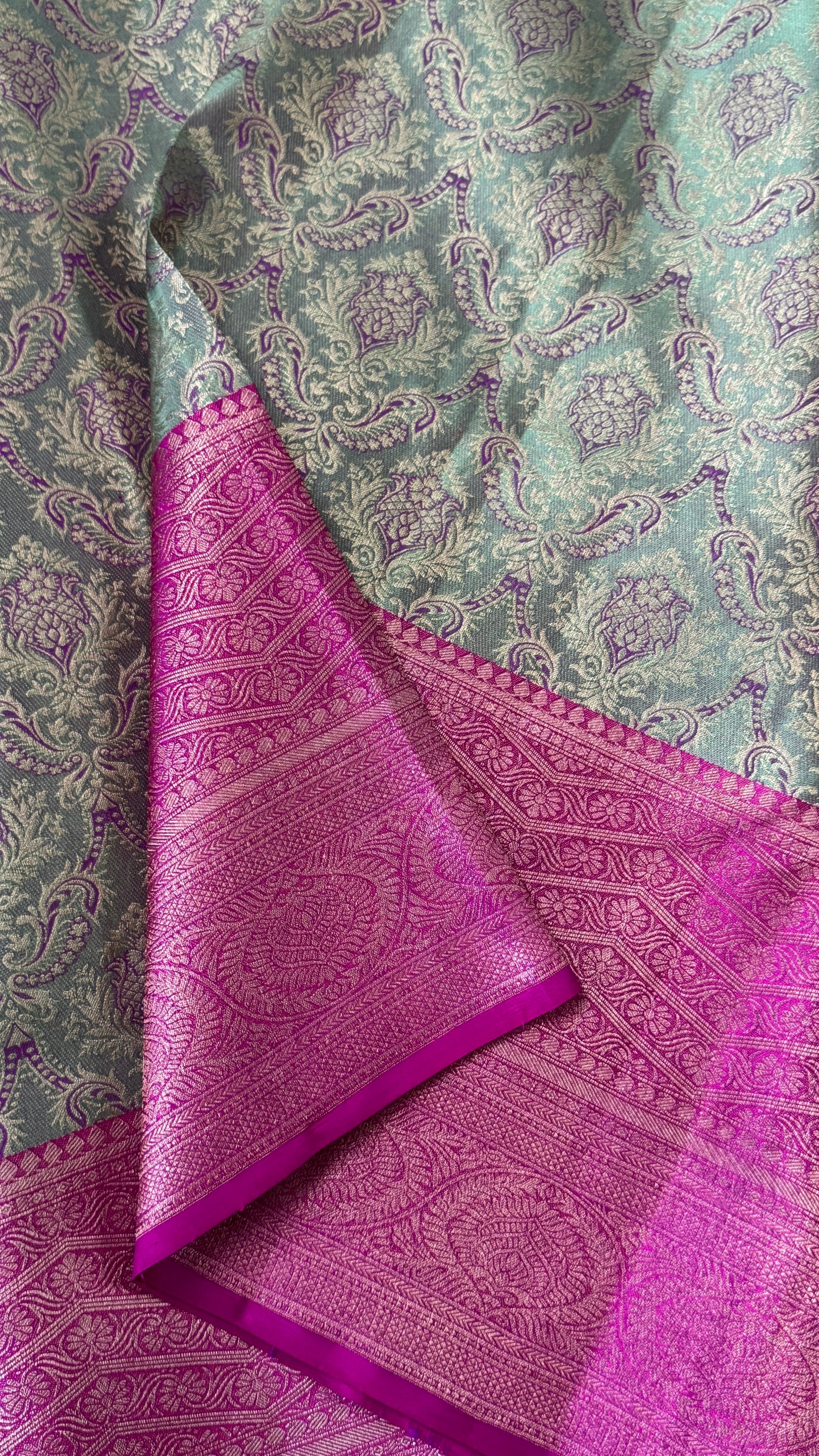 PURE TISSUE KANJIVARAM SILK HANDLOOM SAREE – BLUISH GREY WITH PINK - GOLD BORDER