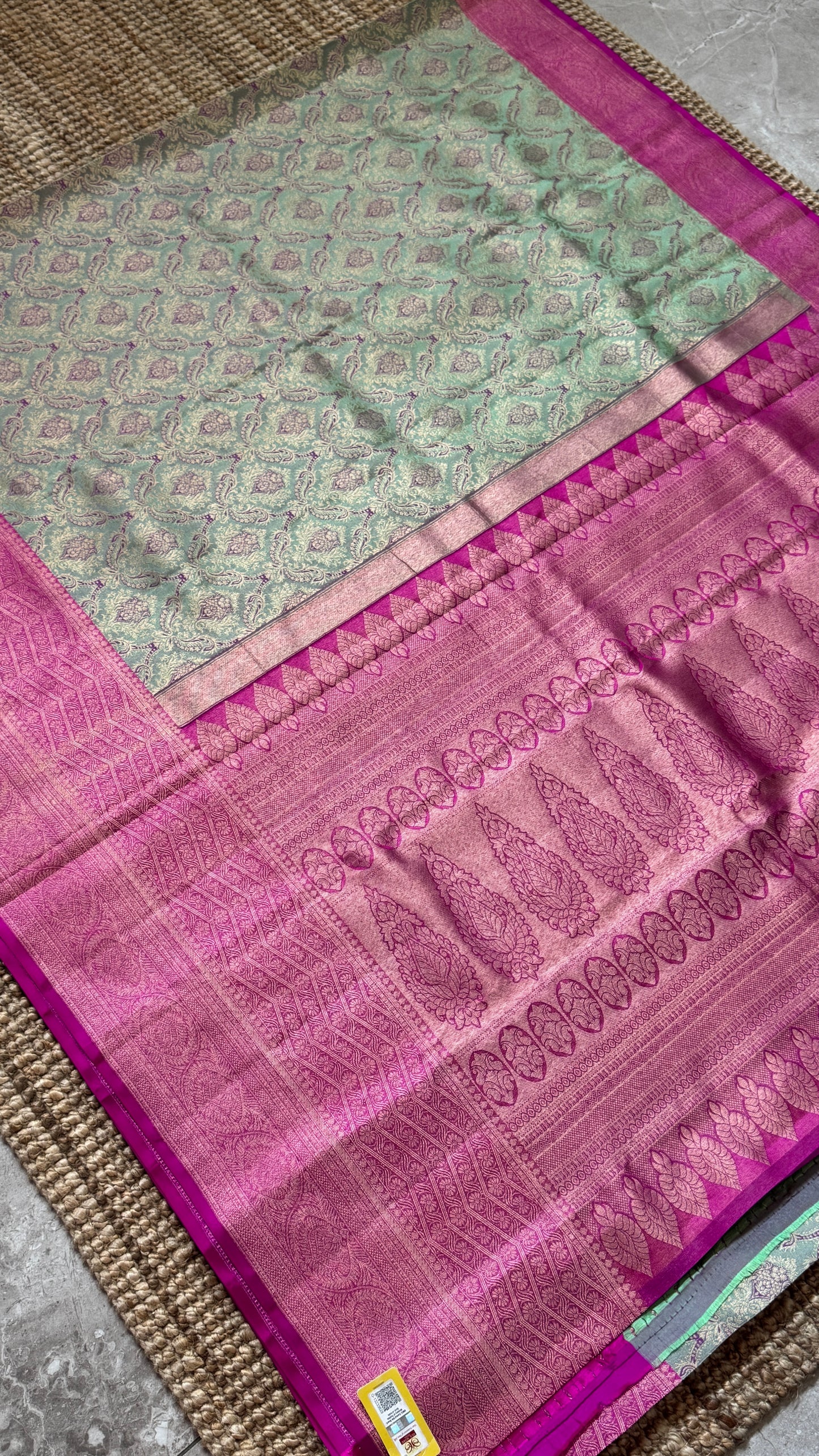 PURE TISSUE KANJIVARAM SILK HANDLOOM SAREE – BLUISH GREY WITH PINK - GOLD BORDER
