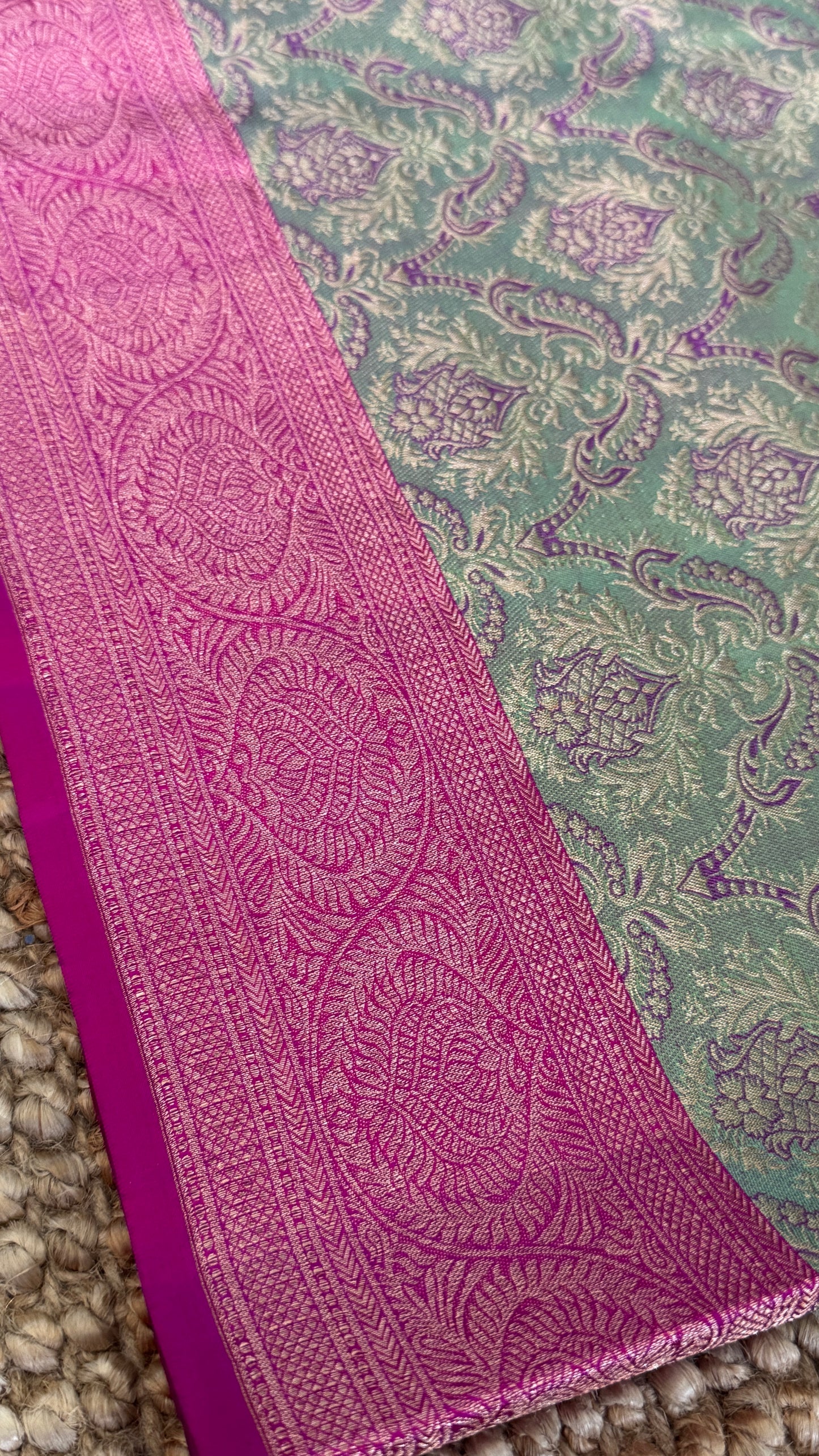 PURE TISSUE KANJIVARAM SILK HANDLOOM SAREE – BLUISH GREY WITH PINK - GOLD BORDER