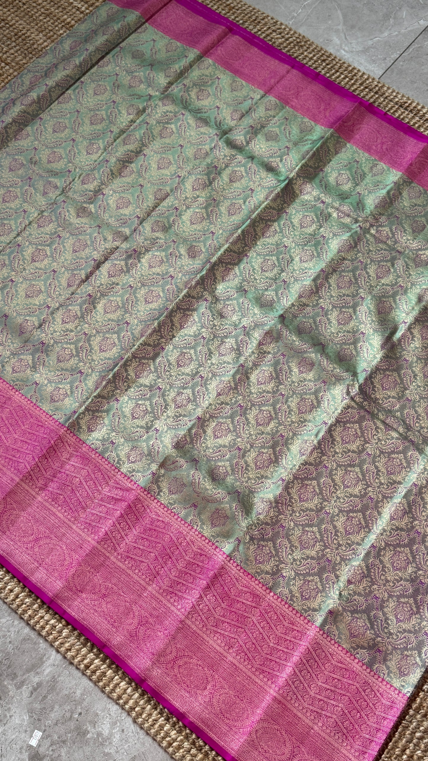 PURE TISSUE KANJIVARAM SILK HANDLOOM SAREE – BLUISH GREY WITH PINK - GOLD BORDER
