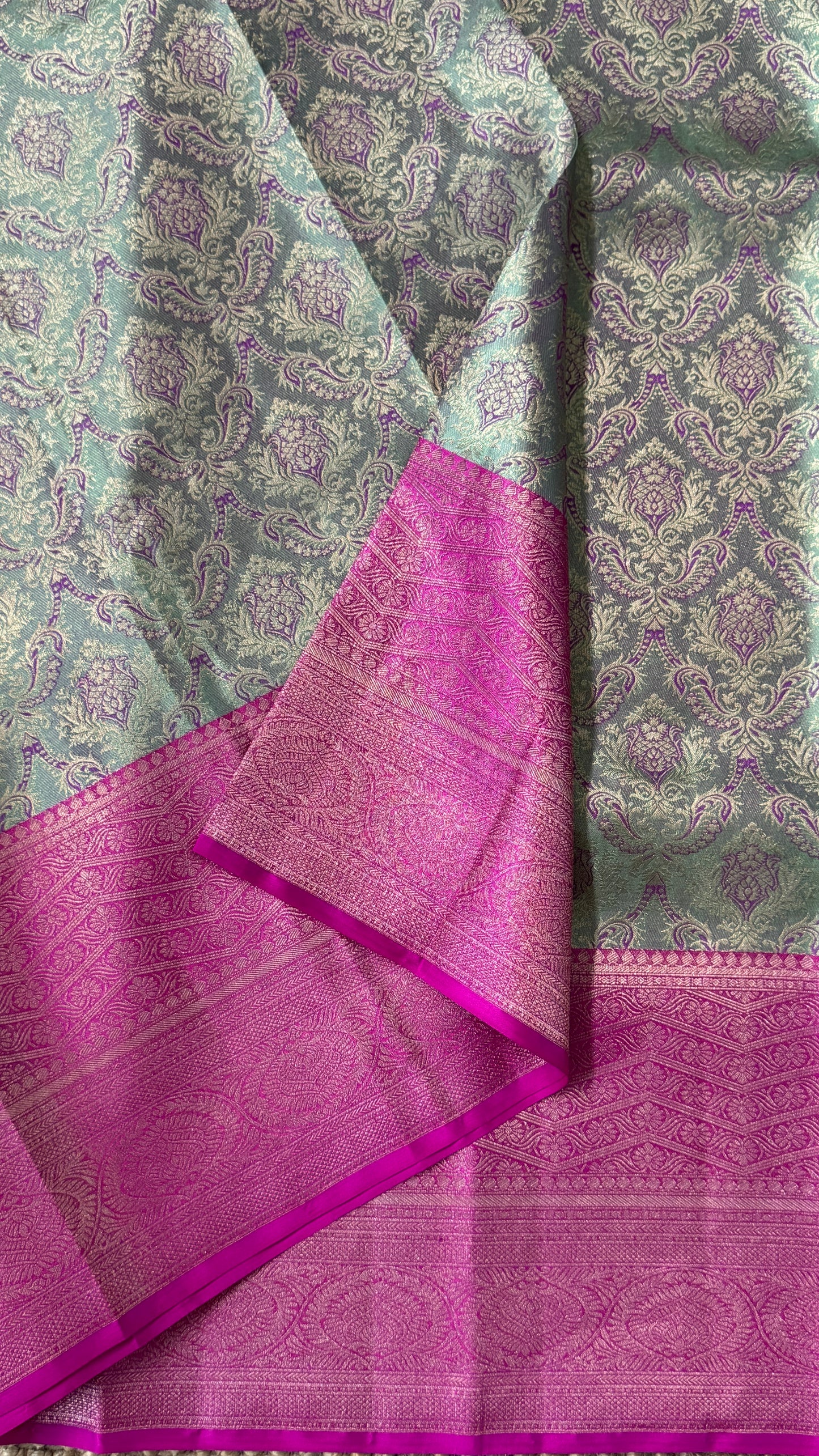PURE TISSUE KANJIVARAM SILK HANDLOOM SAREE – BLUISH GREY WITH PINK - GOLD BORDER
