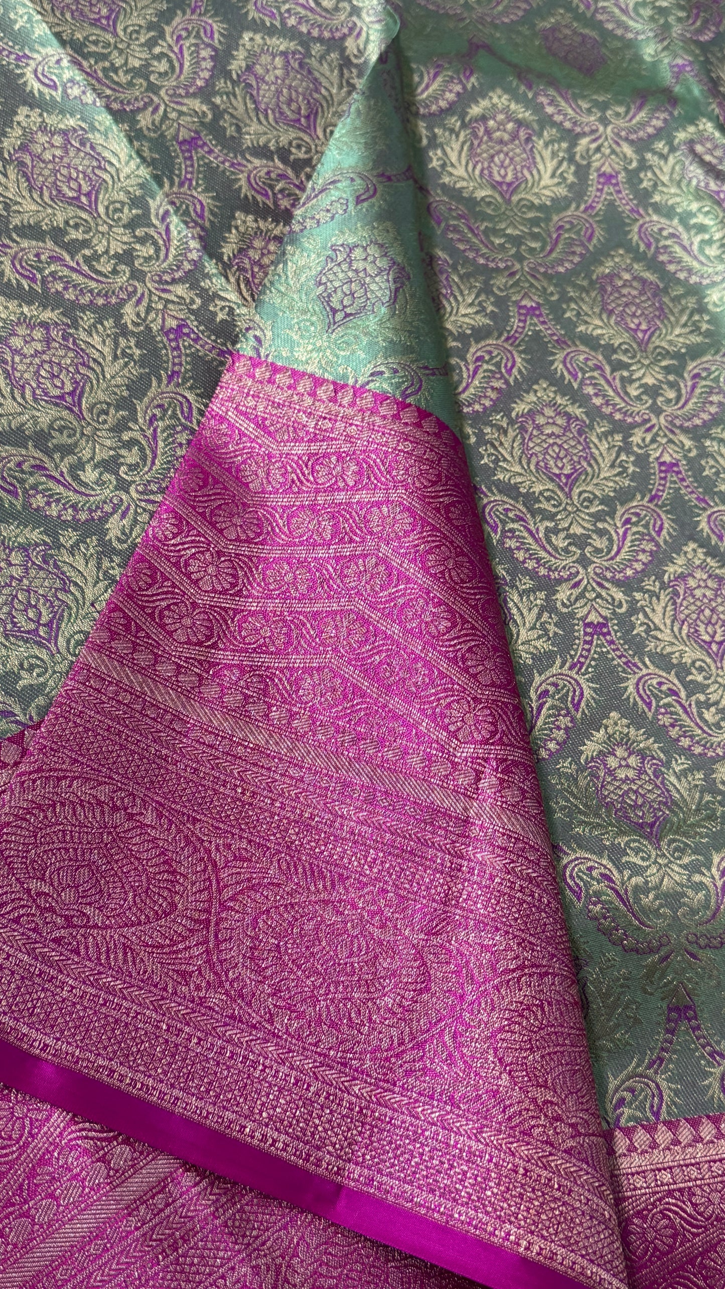PURE TISSUE KANJIVARAM SILK HANDLOOM SAREE – BLUISH GREY WITH PINK - GOLD BORDER
