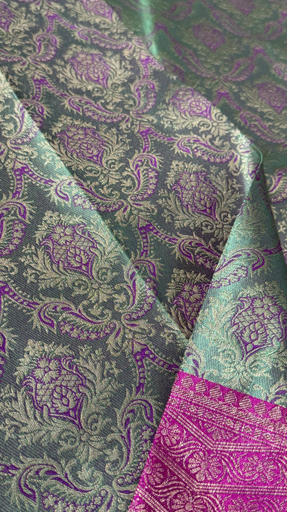 PURE TISSUE KANJIVARAM SILK HANDLOOM SAREE – BLUISH GREY WITH PINK - GOLD BORDER