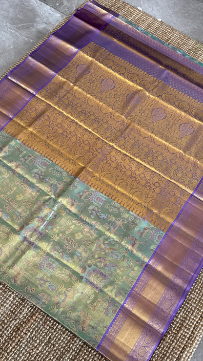 PURE TISSUE KANJIVARAM SILK HANDLOOM SAREE – SEA GREEN WITH PURPLE-GOLD BORDER