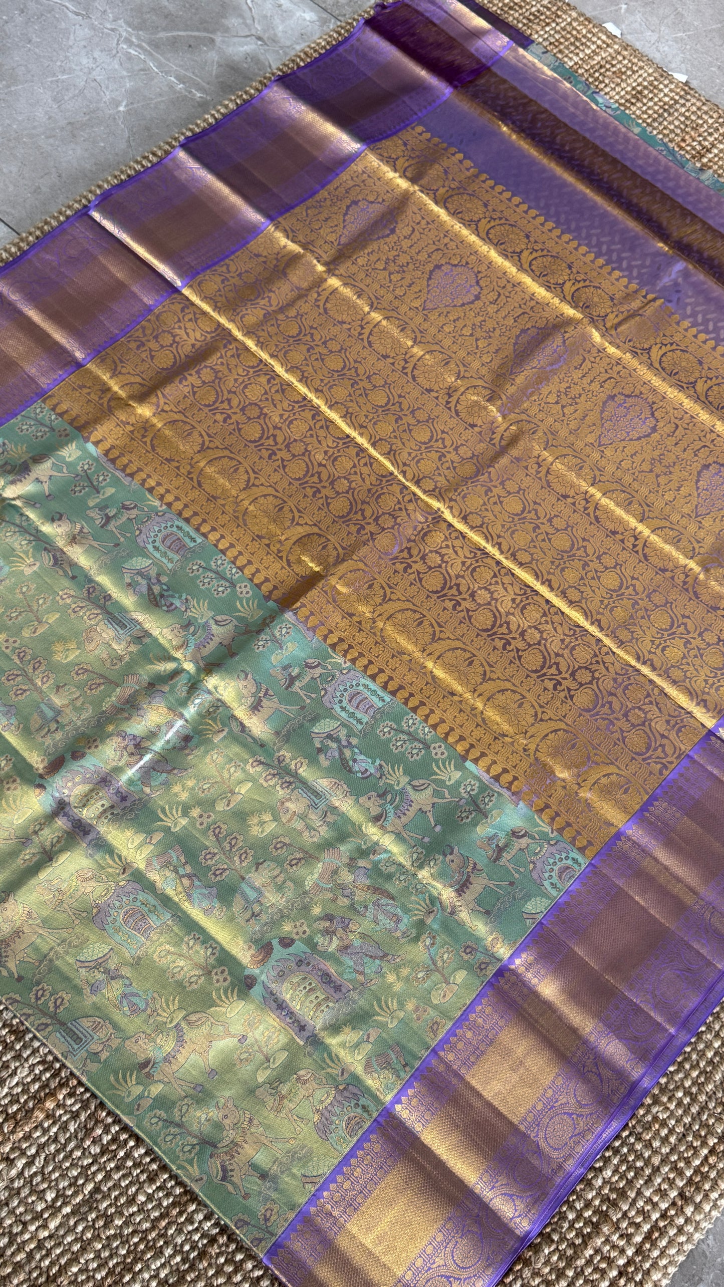 PURE TISSUE KANJIVARAM SILK HANDLOOM SAREE – SEA GREEN WITH PURPLE-GOLD BORDER