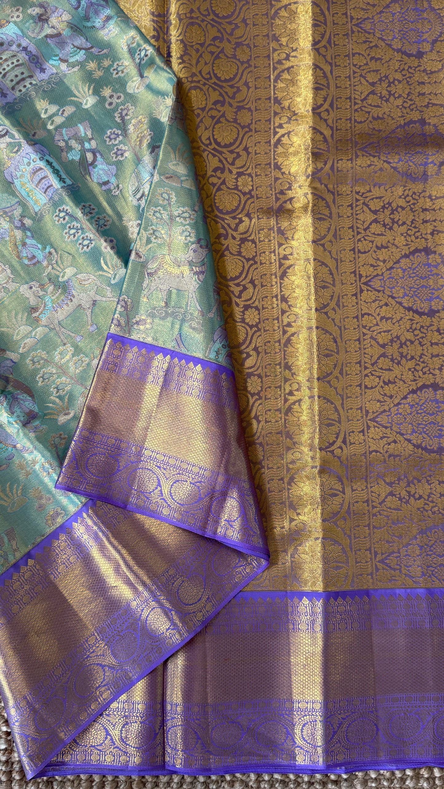 PURE TISSUE KANJIVARAM SILK HANDLOOM SAREE – SEA GREEN WITH PURPLE-GOLD BORDER