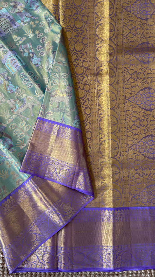 PURE TISSUE KANJIVARAM SILK HANDLOOM SAREE – SEA GREEN WITH PURPLE-GOLD BORDER