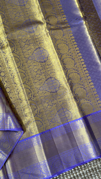 PURE TISSUE KANJIVARAM SILK HANDLOOM SAREE – SEA GREEN WITH PURPLE-GOLD BORDER