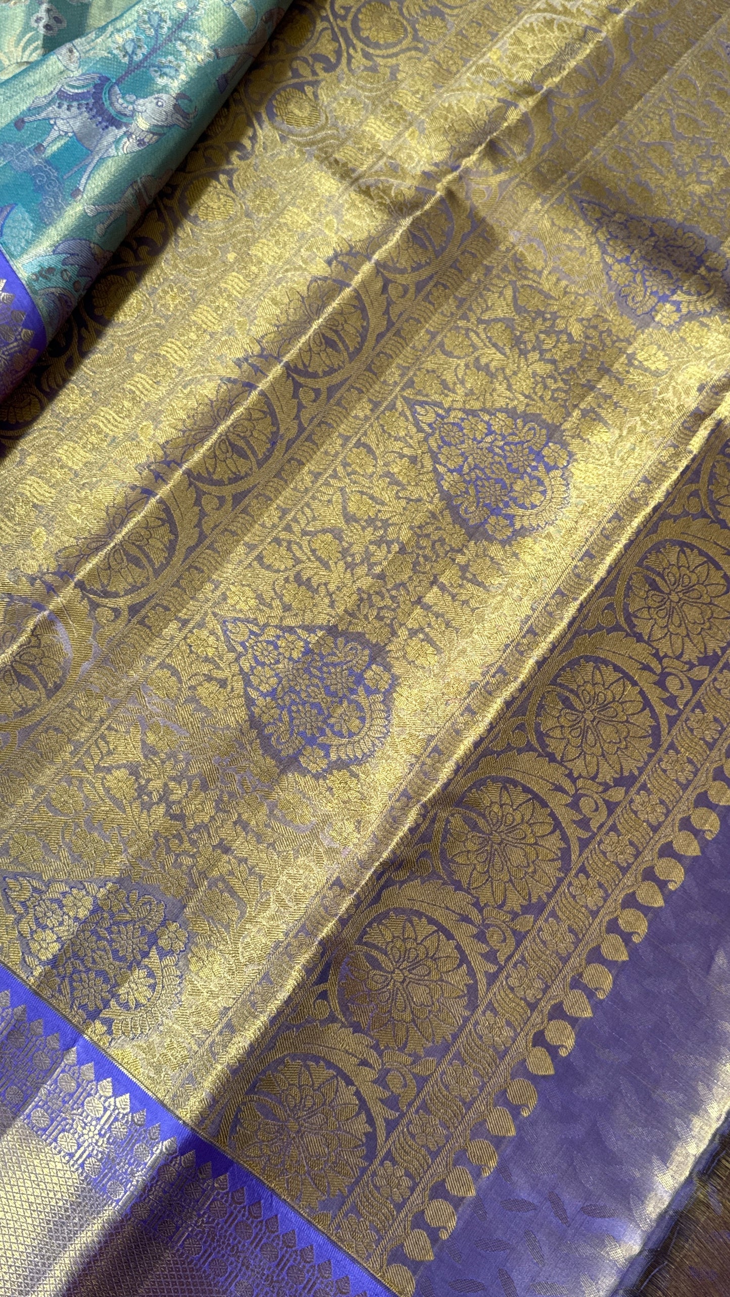 PURE TISSUE KANJIVARAM SILK HANDLOOM SAREE – SEA GREEN WITH PURPLE-GOLD BORDER