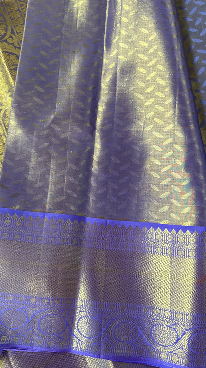 PURE TISSUE KANJIVARAM SILK HANDLOOM SAREE – SEA GREEN WITH PURPLE-GOLD BORDER