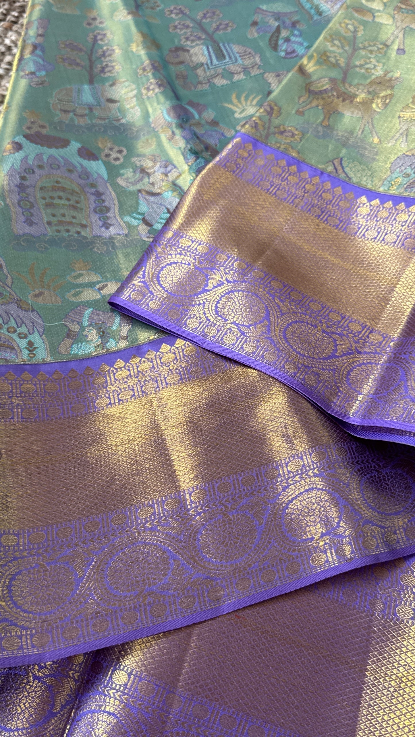 PURE TISSUE KANJIVARAM SILK HANDLOOM SAREE – SEA GREEN WITH PURPLE-GOLD BORDER