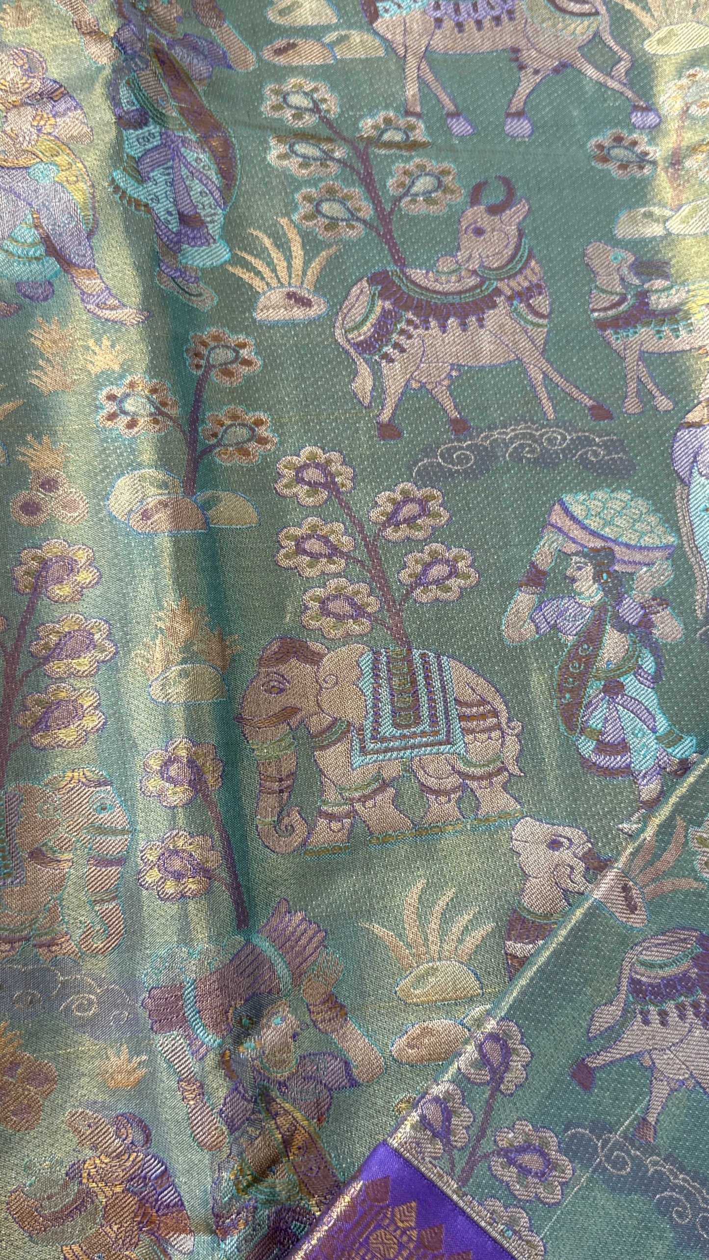PURE TISSUE KANJIVARAM SILK HANDLOOM SAREE – SEA GREEN WITH PURPLE-GOLD BORDER