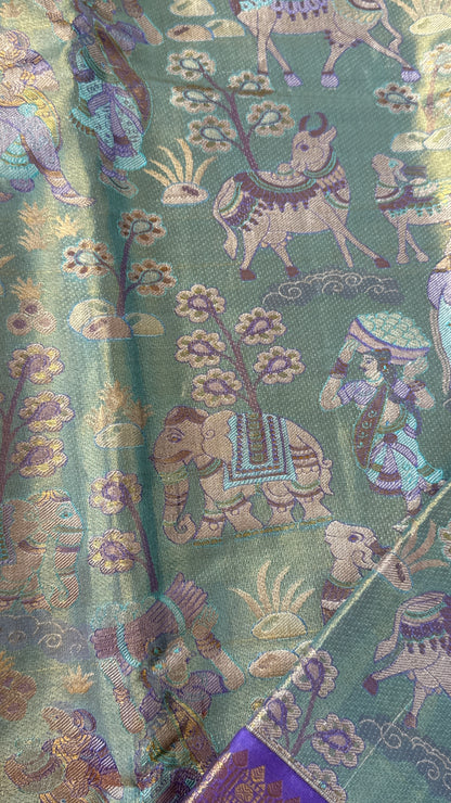 PURE TISSUE KANJIVARAM SILK HANDLOOM SAREE – SEA GREEN WITH PURPLE-GOLD BORDER